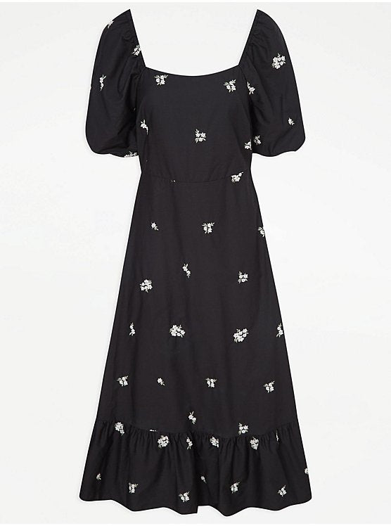 Black White Embroidered flower dress